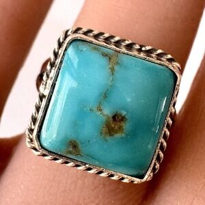 Navajo‎ Turquoise Ring Sz 8 Signed W Fish Sterling Native American Square